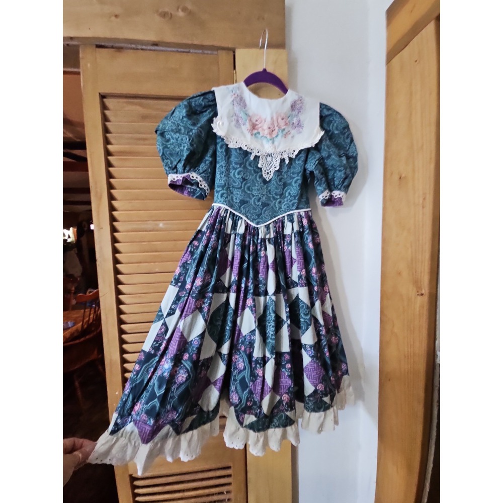 VTG 1990s Daisy Kingdom Handmade Dress Teal Paisley Purple Floral Prairie Sz 8